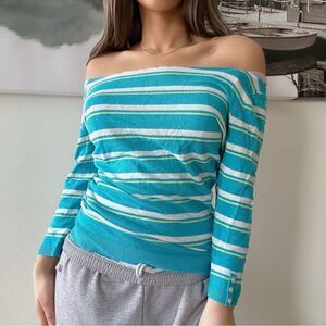 y2k striped reworked off shoulder sweater